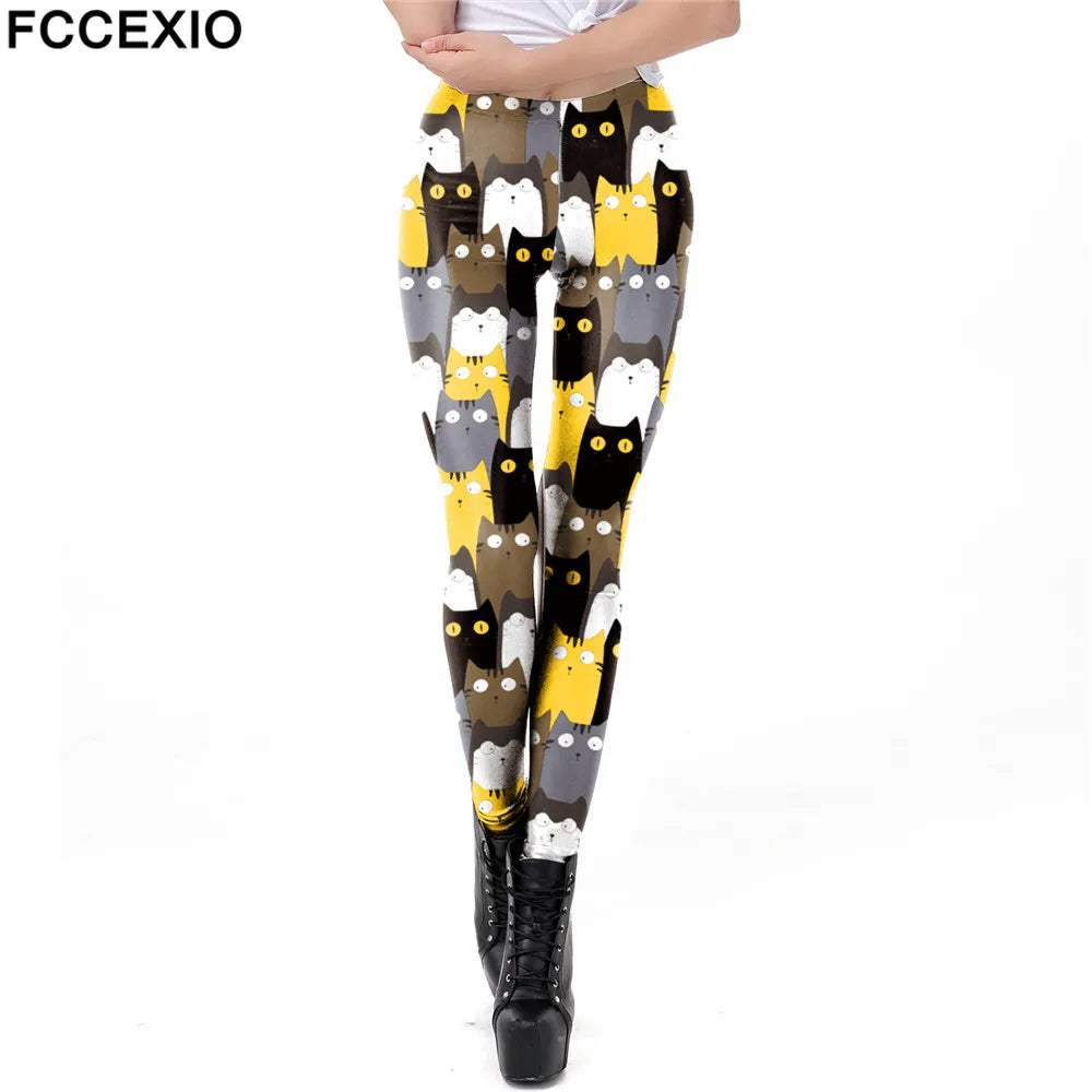 Cat Print Elastic Women Leggings