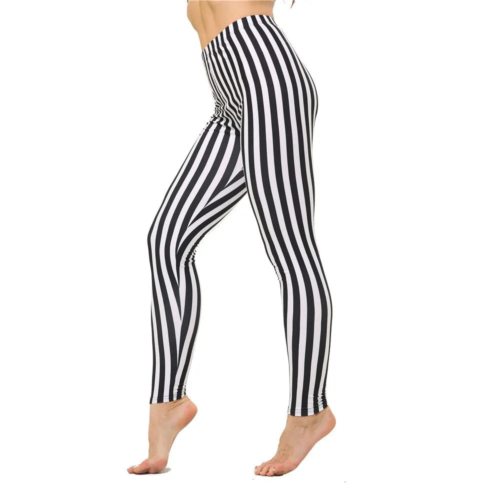 Black and White Vertical Striped Printed Leggings