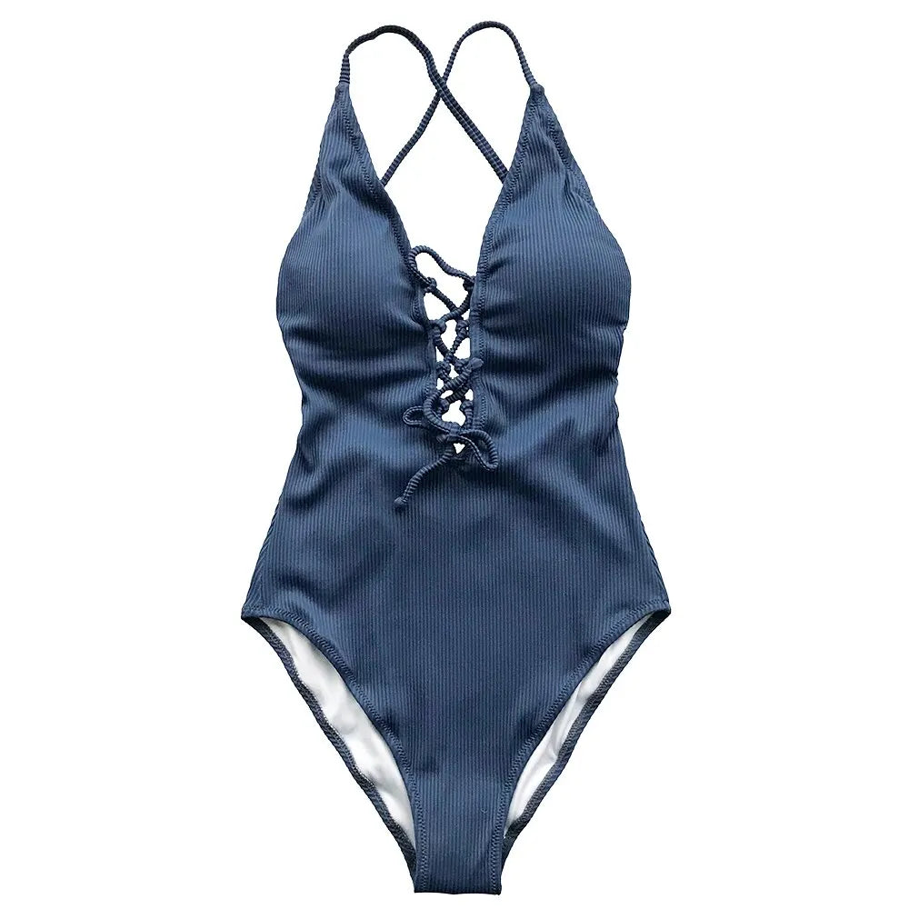 Deep V Neck Lace Up One-piece Swimsuit