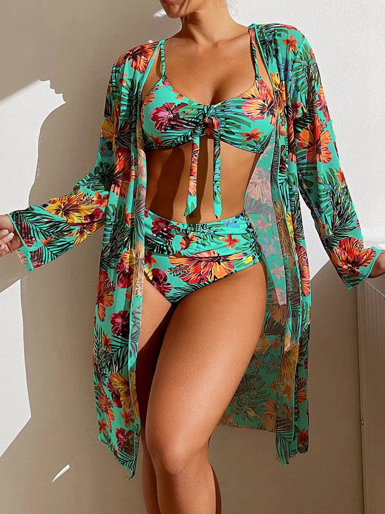 Sexy High Waisted Bikini Three Pieces Floral Printed