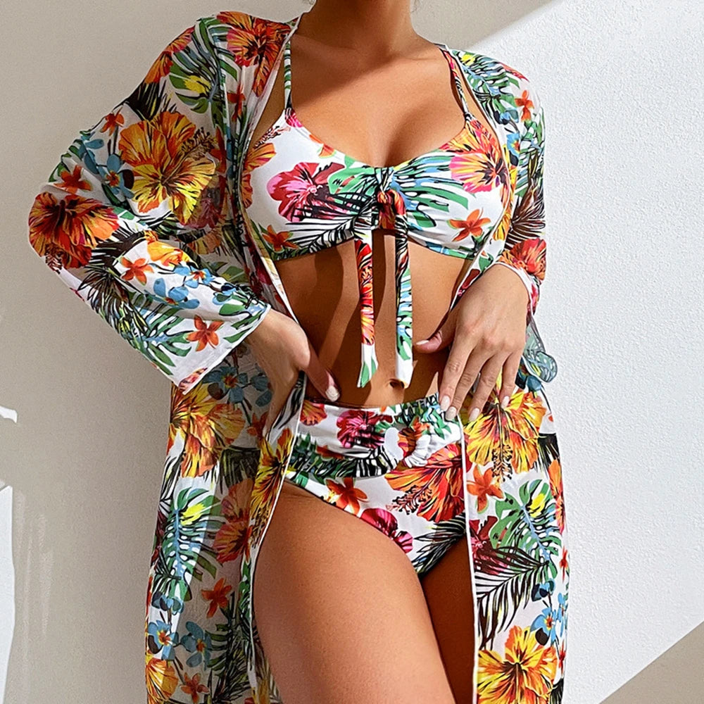 Sexy High Waisted Bikini Three Pieces Floral Printed