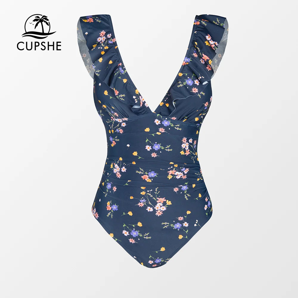 V-neck Floral One-Piece Swimsuit