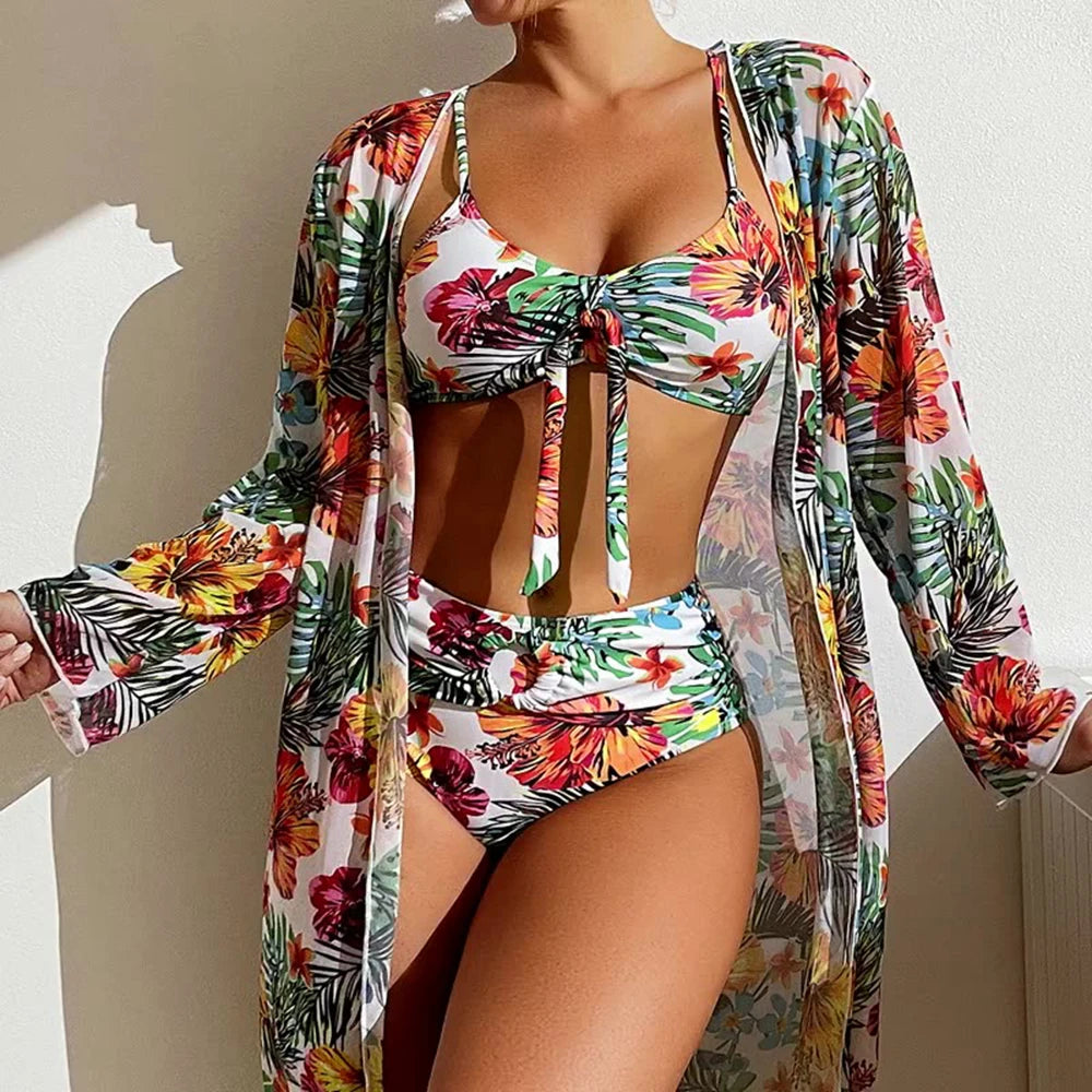 Sexy High Waisted Bikini Three Pieces Floral Printed